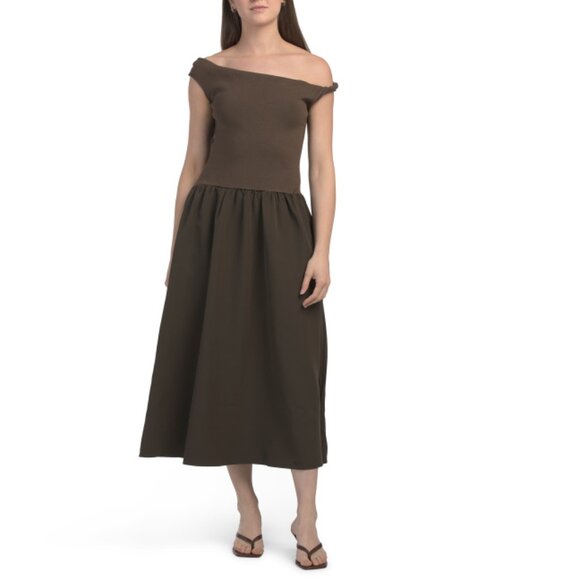 SUNDAY EDITION Olive Off The Shoulder Mixed Media Dress - Picture 1 of 2